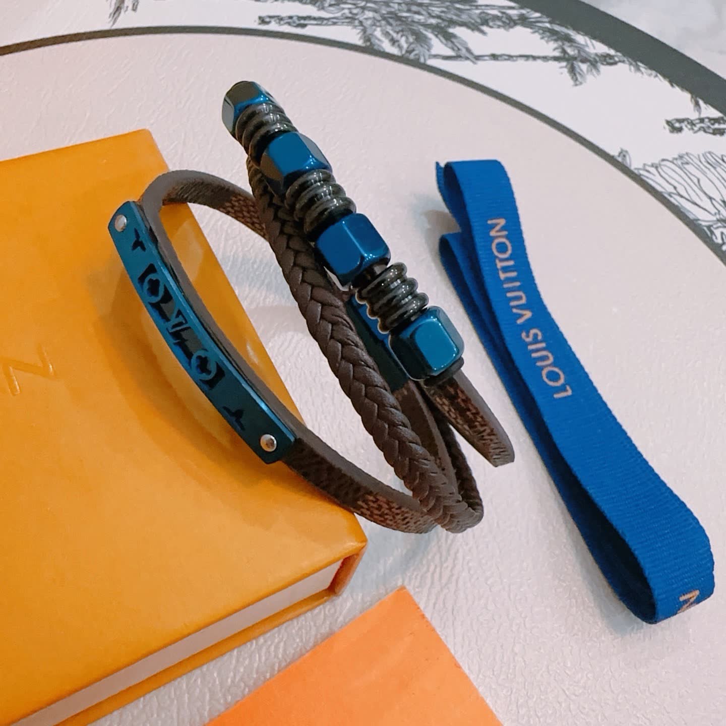 Louis Vuitton Brown Leather and Blue Bead Bracelet